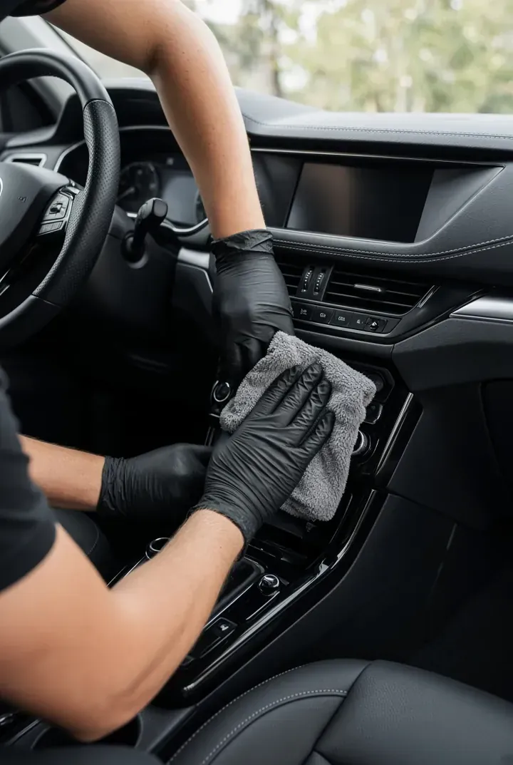Detailer cleaning SUV interior dashboard and console with microfiber