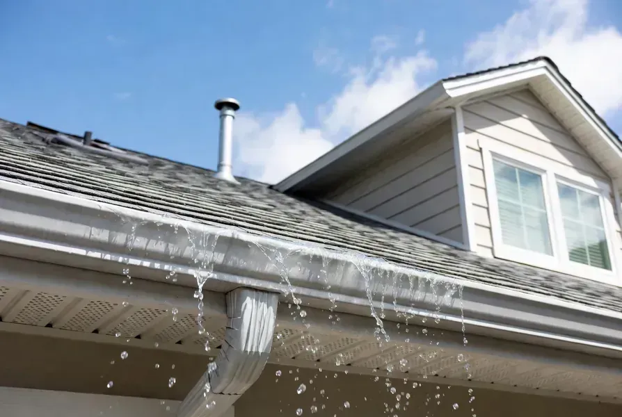 Clean residential gutters with water flowing properly from the downspout