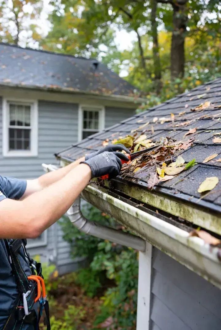 Professional gutter cleaner removing leaves and debris from residential gutters