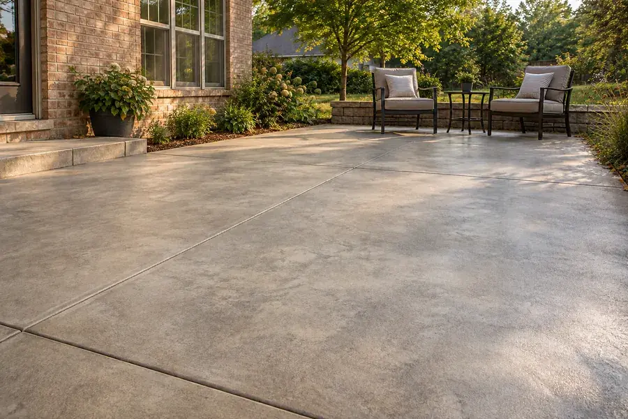 Illustrative example: A clean concrete patio beside outdoor chairs and a garden