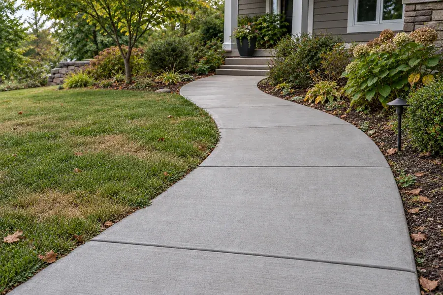 Illustrative example: A clean curved concrete walkway between lawn and garden beds
