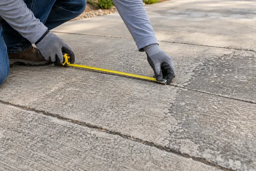 Illustration of gloved hands measuring and assessing a concrete driveway