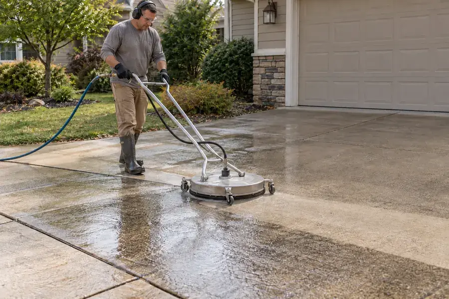 Illustration of a worker using a wheeled surface cleaner on a concrete driveway