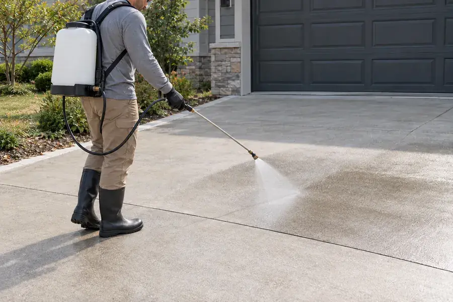 Illustration of a worker applying a clear treatment to concrete with a low-pressure sprayer