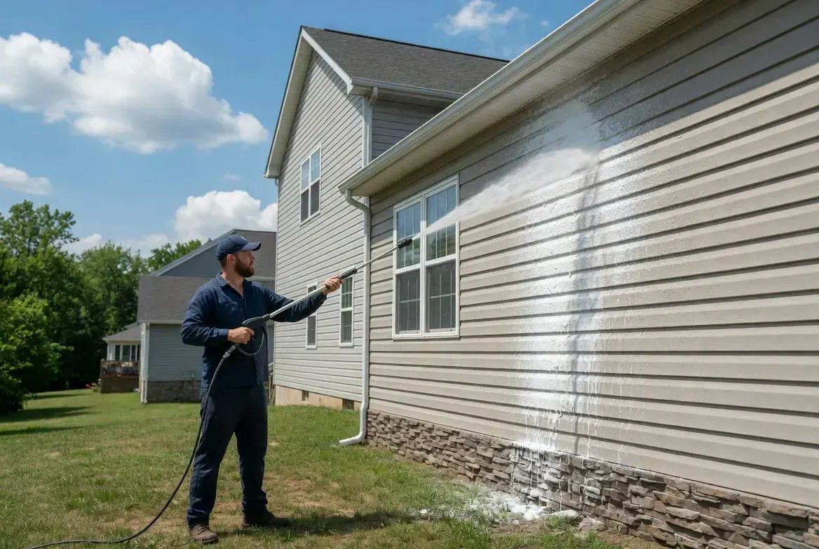 Soft washing residential siding on a home in East Brainerd, TN