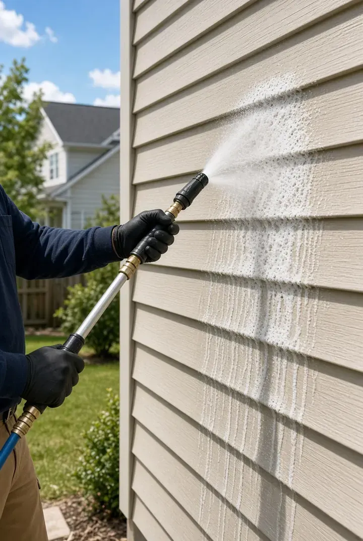 Soft wash technician cleaning residential siding