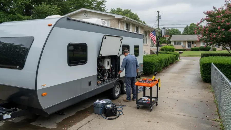 Mobile RV technician servicing a travel trailer in a Chattanooga-area driveway
