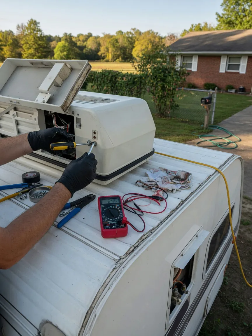 Close-up of mobile RV repair tools and rooftop AC service work