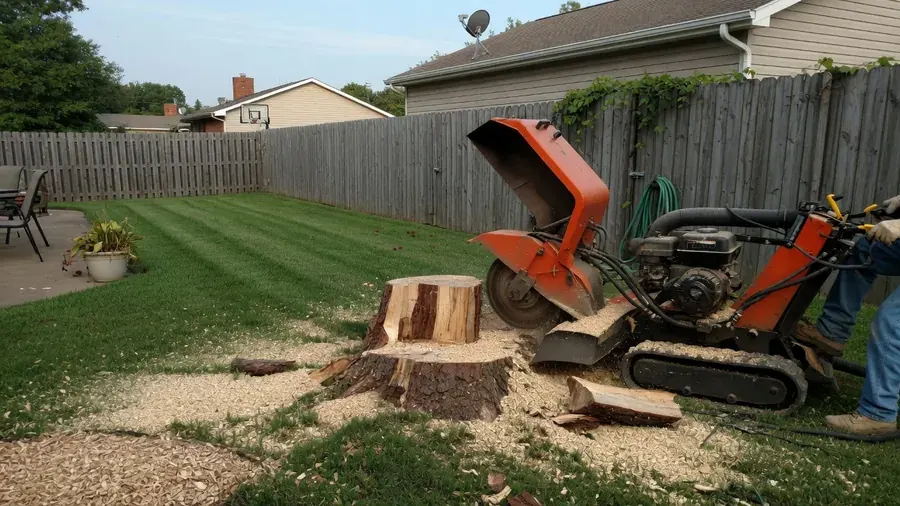 Residential stump grinding equipment working in an East Brainerd backyard