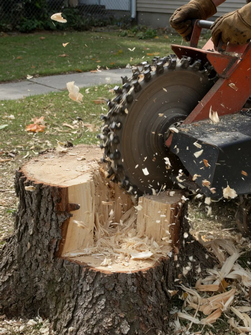 Close-up of stump grinder cutting a residential tree stump